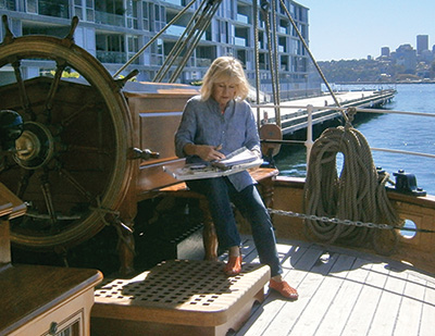 Christine Hill sketching aboard 'James Craig'